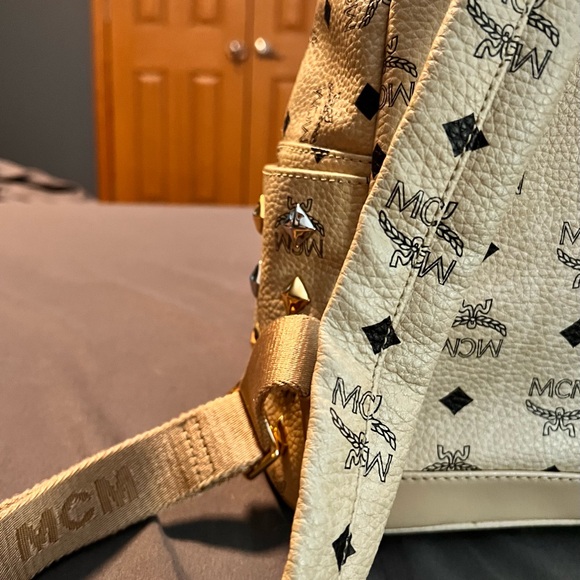 MCM Beige Visetos Silver and Gold Pyramid Studded Backpack - Picture 8 of 16